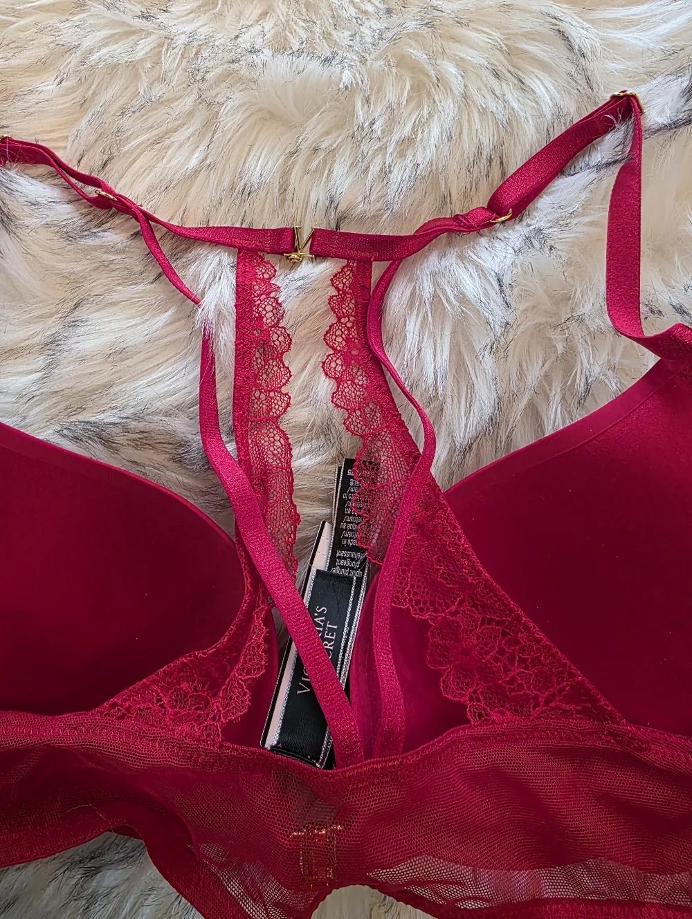 Victoria's Secret Red Angel Wing Back Strappy Bra Panty Set 34B M Gold Hardware